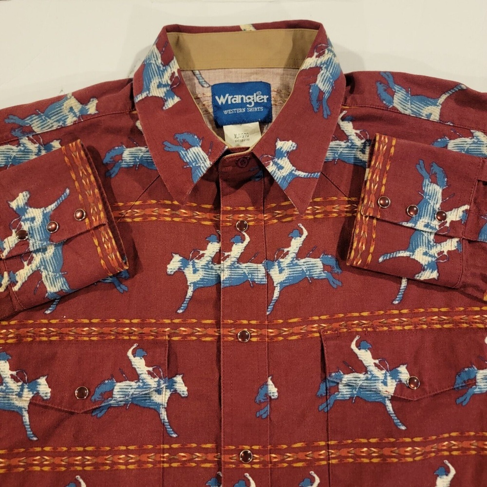 Wrangler Cowboy Bucking Bronco‎ Pearl Snap Red LS Mens XL All Over Print